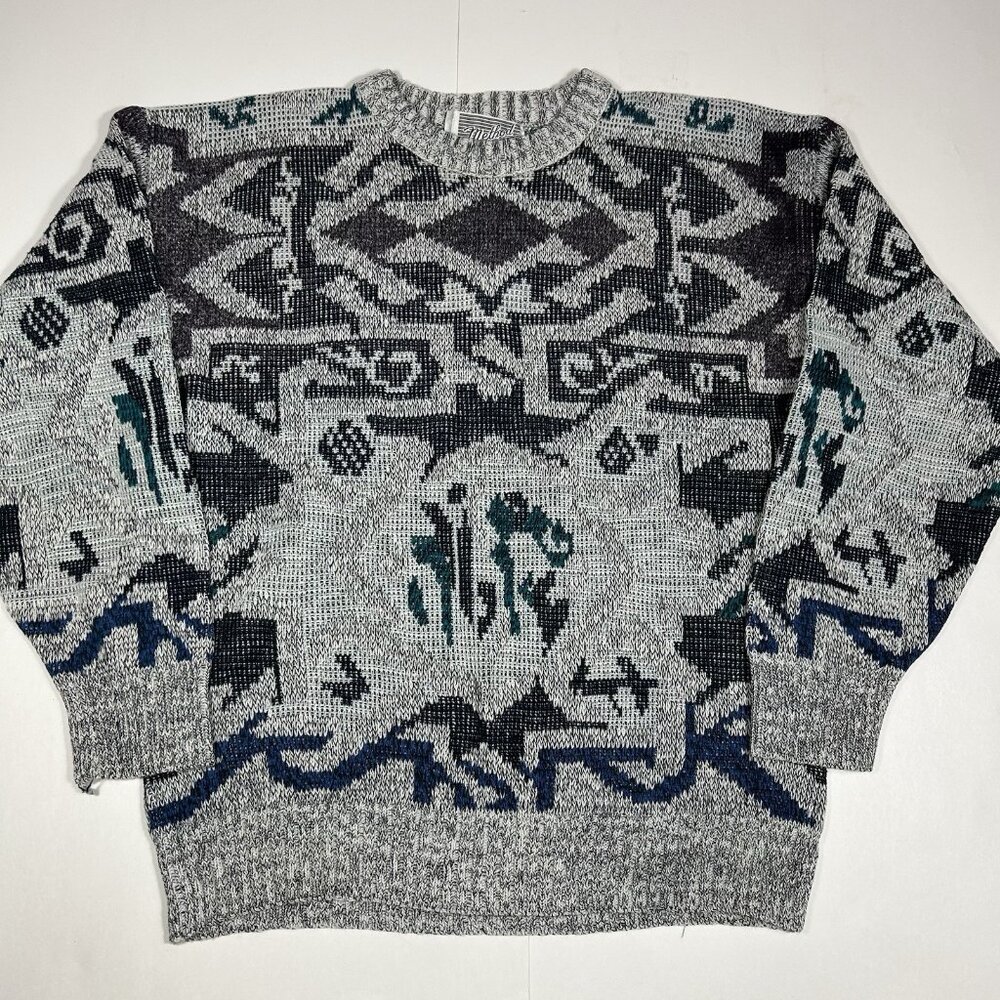 Vtg Method Sweater Men Multicolor Grey Geometric Grandpa Acrylic Wool Blend Sz L